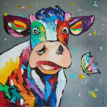 Painting titled "Happy cow" by Liubov Kuptsova, Original Artwork, Oil Mounted on Wood Stretcher frame