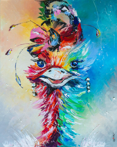 Painting titled "FASHIONABLE OSTRICH" by Liubov Kuptsova, Original Artwork, Oil Mounted on Wood Stretcher frame