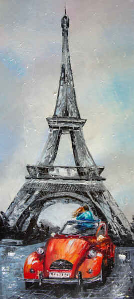 Painting titled "Date in Paris" by Liubov Kuptsova, Original Artwork, Oil Mounted on Wood Stretcher frame
