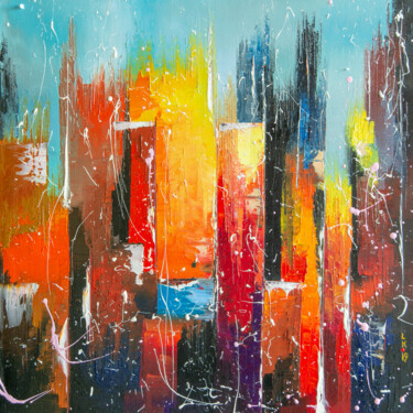 Painting titled "SUNNY DOWNTOWN" by Liubov Kuptsova, Original Artwork, Oil Mounted on Wood Stretcher frame