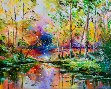 Painting titled "SEPTEMBER FOREST" by Liubov Kuptsova, Original Artwork, Oil Mounted on Wood Stretcher frame