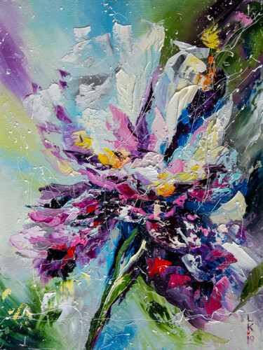 Painting titled "Iris flower" by Liubov Kuptsova, Original Artwork, Oil Mounted on Wood Stretcher frame