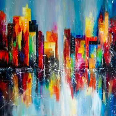 Painting titled "Downtown after rain" by Liubov Kuptsova, Original Artwork, Oil Mounted on Wood Stretcher frame