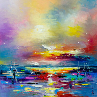 Painting titled "Sunset at sea" by Liubov Kuptsova, Original Artwork, Oil Mounted on Wood Stretcher frame