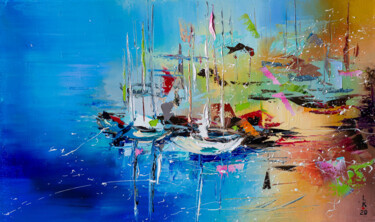 Painting titled "Boats on the shore" by Liubov Kuptsova, Original Artwork, Oil Mounted on Wood Stretcher frame