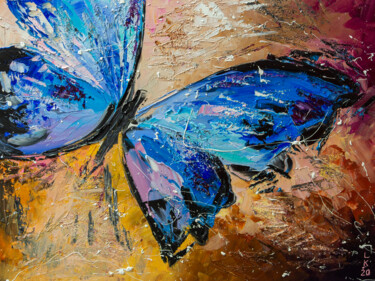 Painting titled "BLUE BUTTERFLY II" by Liubov Kuptsova, Original Artwork, Oil Mounted on Wood Stretcher frame