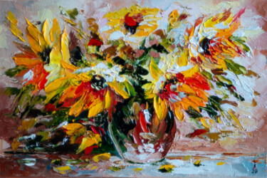 Painting titled "YELLOW FLOWERS (FRA…" by Liubov Kuptsova, Original Artwork, Oil Mounted on Cardboard