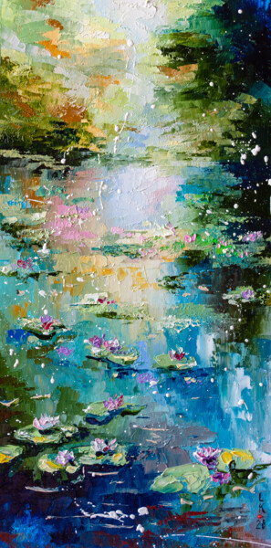 Pittura intitolato "Quiet pond" da Liubov Kuptsova, Opera d'arte originale, Olio Montato su Cartone