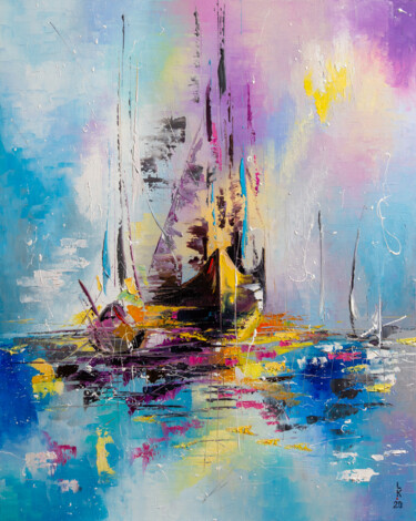 Painting titled "Illusive boats 2" by Liubov Kuptsova, Original Artwork, Oil Mounted on Wood Stretcher frame