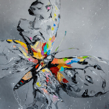 Painting titled "Butterfly on grey" by Liubov Kuptsova, Original Artwork, Oil Mounted on Wood Stretcher frame