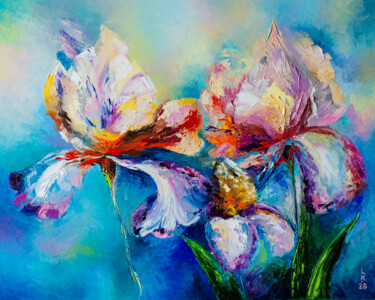 Painting titled "IRIS FAMILY" by Liubov Kuptsova, Original Artwork, Oil Mounted on Wood Stretcher frame