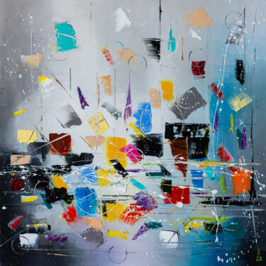 Schilderij getiteld "Funny rain" door Liubov Kuptsova, Origineel Kunstwerk, Olie Gemonteerd op Frame voor houten brancard