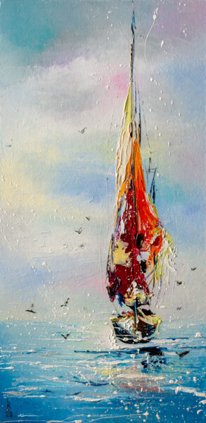 Painting titled "Lonely sailboat" by Liubov Kuptsova, Original Artwork, Oil Mounted on Wood Stretcher frame