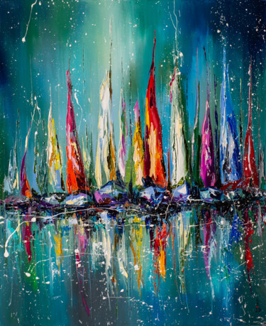 Painting titled "Boats in the harbor" by Liubov Kuptsova, Original Artwork, Oil Mounted on Wood Stretcher frame