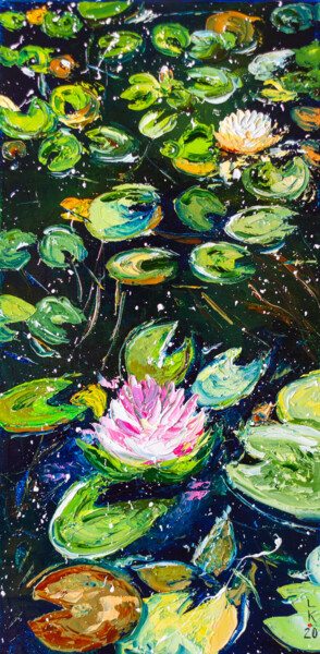 Painting titled "Water lily pond" by Liubov Kuptsova, Original Artwork, Oil Mounted on Wood Stretcher frame