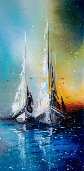 Painting titled "Sailboats at dusk" by Liubov Kuptsova, Original Artwork, Oil Mounted on Wood Stretcher frame