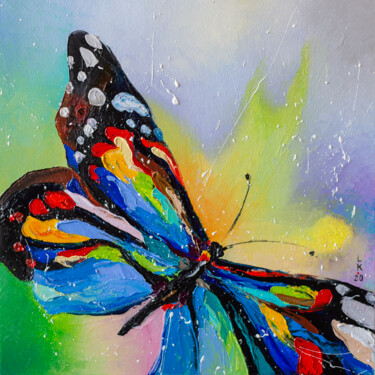 Painting titled "Bright butterfly" by Liubov Kuptsova, Original Artwork, Oil Mounted on Wood Stretcher frame