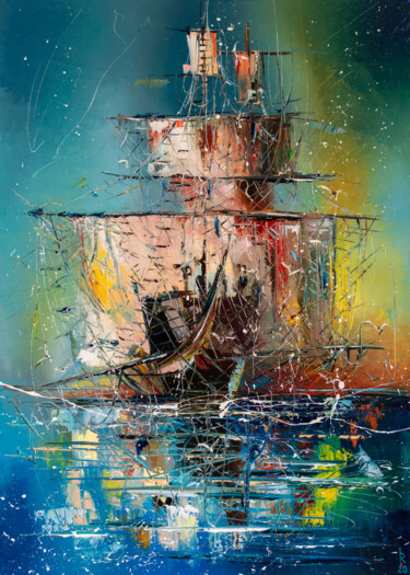 Painting titled "Ghost ship 2" by Liubov Kuptsova, Original Artwork, Oil Mounted on Wood Stretcher frame