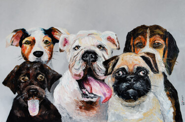 Painting titled "Company of dogs" by Liubov Kuptsova, Original Artwork, Oil Mounted on Wood Stretcher frame