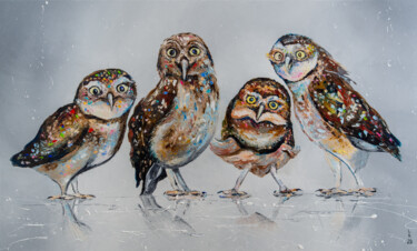 Painting titled "Company of owls" by Liubov Kuptsova, Original Artwork, Oil Mounted on Wood Stretcher frame