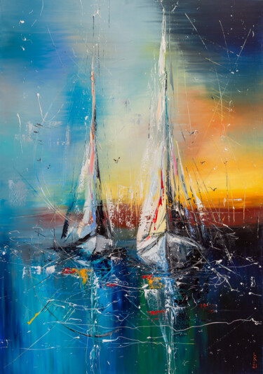Painting titled "Sailboats on sunset" by Liubov Kuptsova, Original Artwork, Oil Mounted on Wood Stretcher frame