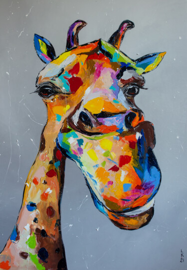 Schilderij getiteld "Funny Giraffe 2" door Liubov Kuptsova, Origineel Kunstwerk, Olie Gemonteerd op Frame voor houten branca…