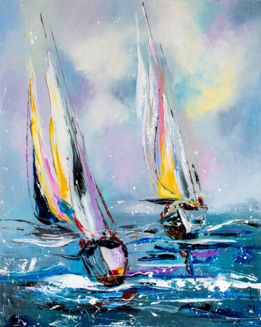 Painting titled "Regatta" by Liubov Kuptsova, Original Artwork, Oil Mounted on Wood Stretcher frame