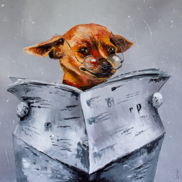 Painting titled "News for dog 2" by Liubov Kuptsova, Original Artwork, Oil Mounted on Wood Stretcher frame