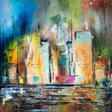 Картина под названием "Evening in NY" - Liubov Kuptsova, Подлинное произведение искусства, Масло Установлен на Деревянная ра…