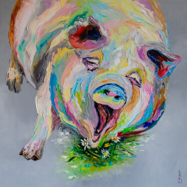 Painting titled "Happy pig" by Liubov Kuptsova, Original Artwork, Oil Mounted on Wood Stretcher frame