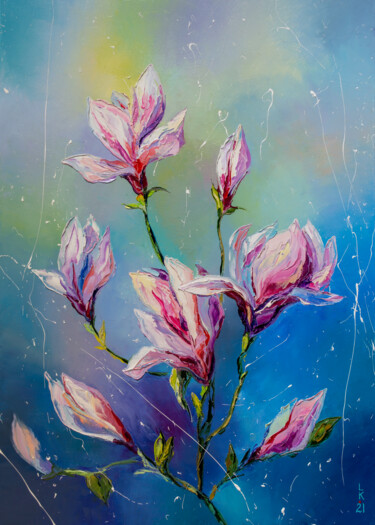 Painting titled "Blooming magnolia" by Liubov Kuptsova, Original Artwork, Oil Mounted on Wood Stretcher frame
