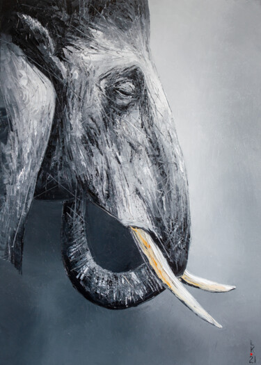 Painting titled "Wise elephant" by Liubov Kuptsova, Original Artwork, Oil Mounted on Wood Stretcher frame