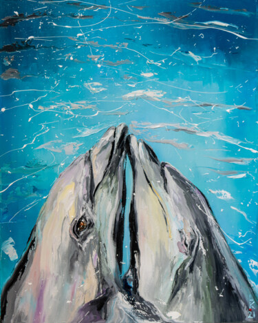 Painting titled "Dolphin love" by Liubov Kuptsova, Original Artwork, Oil Mounted on Wood Stretcher frame