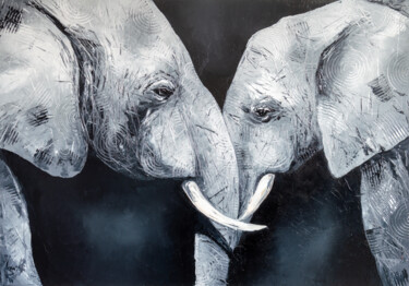 Painting titled "Enamored elephants" by Liubov Kuptsova, Original Artwork, Oil Mounted on Wood Stretcher frame