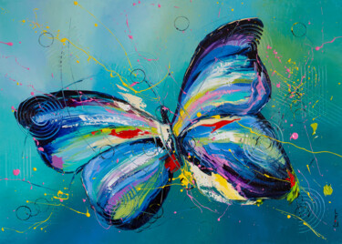 Painting titled "Butterfly in blue" by Liubov Kuptsova, Original Artwork, Oil Mounted on Wood Stretcher frame