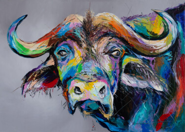 Painting titled "Tired buffalo" by Liubov Kuptsova, Original Artwork, Oil Mounted on Wood Stretcher frame