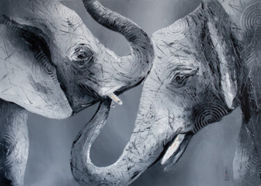Peinture intitulée "Gentle elephants" par Liubov Kuptsova, Œuvre d'art originale, Huile Monté sur Châssis en bois