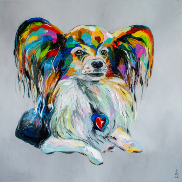 Картина под названием "Papillon dog" - Liubov Kuptsova, Подлинное произведение искусства, Масло Установлен на Деревянная рам…
