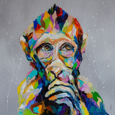 Painting titled "Thoughtful monkey" by Liubov Kuptsova, Original Artwork, Oil Mounted on Wood Stretcher frame