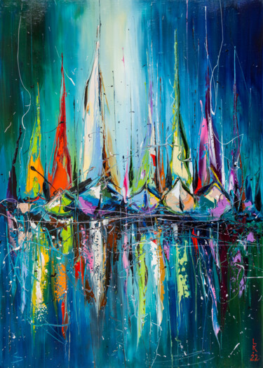 Painting titled "In the night harbor" by Liubov Kuptsova, Original Artwork, Oil Mounted on Wood Stretcher frame
