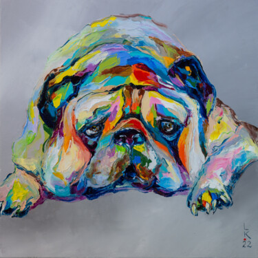 Painting titled "Sad pug" by Liubov Kuptsova, Original Artwork, Oil Mounted on Wood Stretcher frame