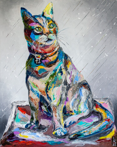 Painting titled "Cat TJ" by Liubov Kuptsova, Original Artwork, Oil Mounted on Wood Stretcher frame