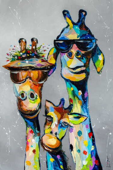 Painting titled "Funny family" by Liubov Kuptsova, Original Artwork, Oil Mounted on Wood Stretcher frame