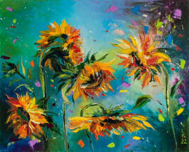 Schilderij getiteld "Dancing sunflowers" door Liubov Kuptsova, Origineel Kunstwerk, Olie Gemonteerd op Frame voor houten bra…
