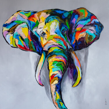 Pintura intitulada "Colorful elephant" por Liubov Kuptsova, Obras de arte originais, Óleo Montado em Armação em madeira