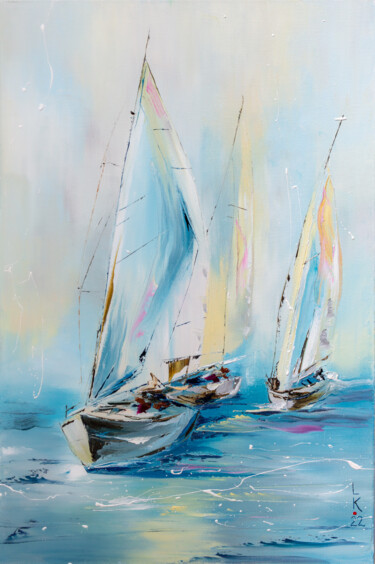 Schilderij getiteld "Morning regatta" door Liubov Kuptsova, Origineel Kunstwerk, Olie Gemonteerd op Frame voor houten branca…