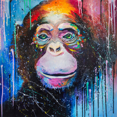 Painting titled "I'm chimp" by Liubov Kuptsova, Original Artwork, Oil Mounted on Wood Stretcher frame