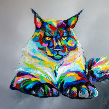Painting titled "Serious Maine Coon" by Liubov Kuptsova, Original Artwork, Oil Mounted on Wood Stretcher frame