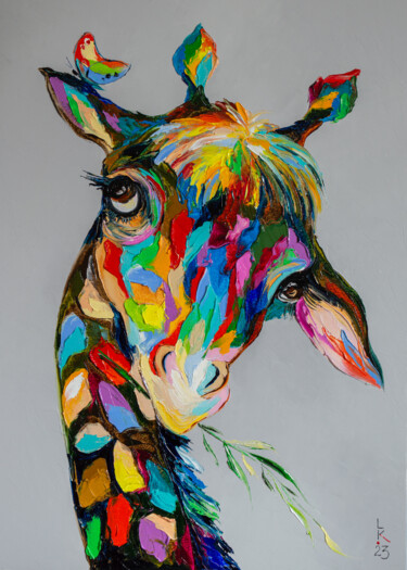 Painting titled "I am a shy giraffe" by Liubov Kuptsova, Original Artwork, Oil Mounted on Wood Stretcher frame