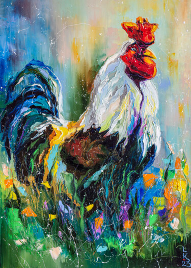 Painting titled "Cute rooster" by Liubov Kuptsova, Original Artwork, Oil Mounted on Wood Stretcher frame